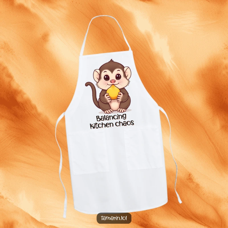 Funny Tamarin Apron: A cute tamarin balances fruit on its nose, adding humor and charm to kitchen tasks.