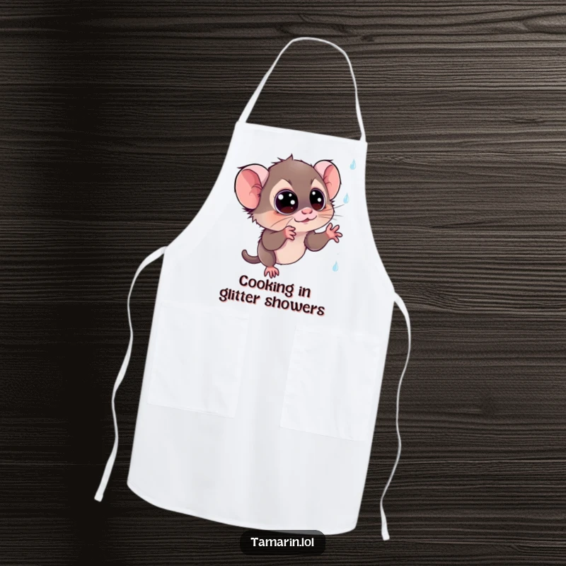 Funny tamarin apron: a charming apron designed for chefs, featuring a monkey reaching for sparkling rain, blending utility with fantasy humor.