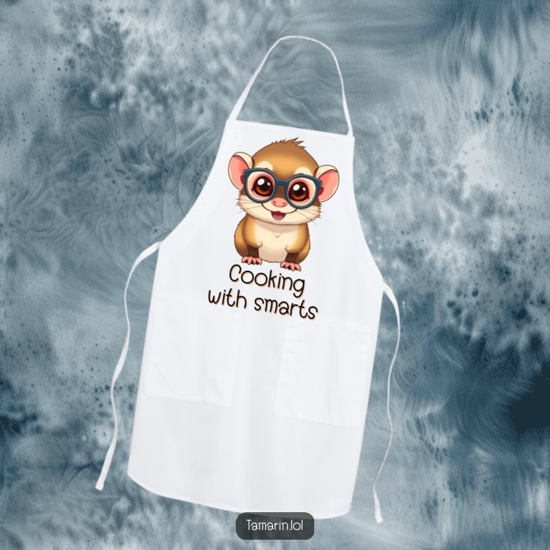 Funny Spectacled Tamarin Apron: A chef's apron adorned with a mischievous monkey wearing small glasses, ready for kitchen fun and spills.