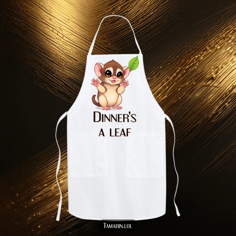 Funny Leaf-Catching Tamarin Apron: A kitchen apron featuring a monkey playfully reaching for a falling leaf, adding a touch of nature's fun.