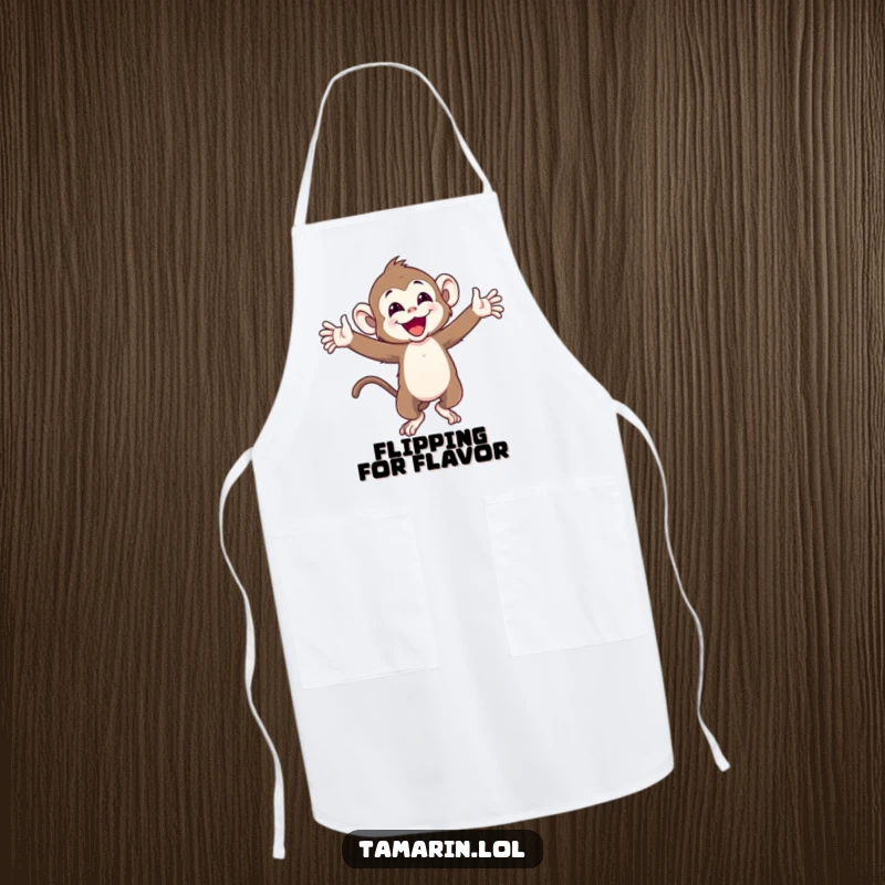 Funny apron with a joyful tamarin monkey with arms wide, spinning around, perfect for kitchen fun and joyful cooking.
