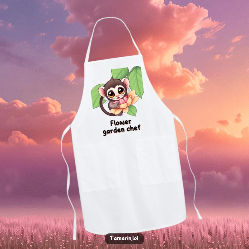 Funny Tamarin Apron showing a tamarin with wide eyes curiously exploring a large, colorful flower.
