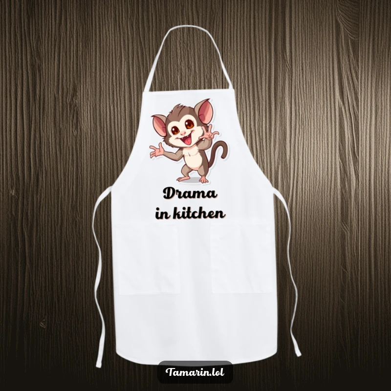 Funny apron showing a tamarin striking a dramatic pose with flair, ready to serve up a masterpiece.