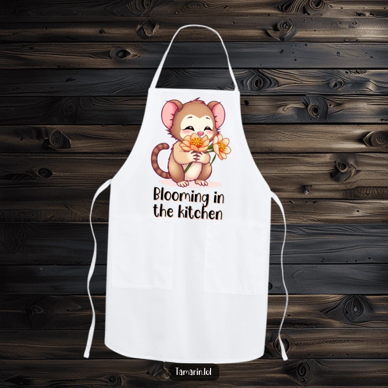 Funny apron with a tamarin character giving a warm hug to a flower, perfect for protecting clothes while gardening or cooking.