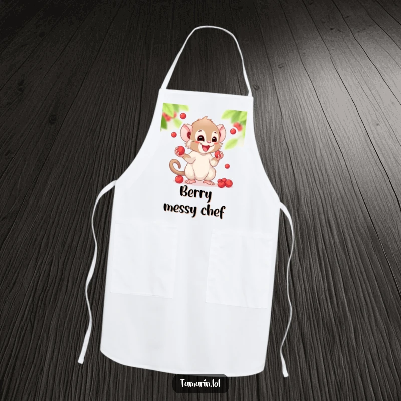 Funny apron showing a tamarin enthusiastically juggling small berries, ready to tackle any kitchen task with a grin.