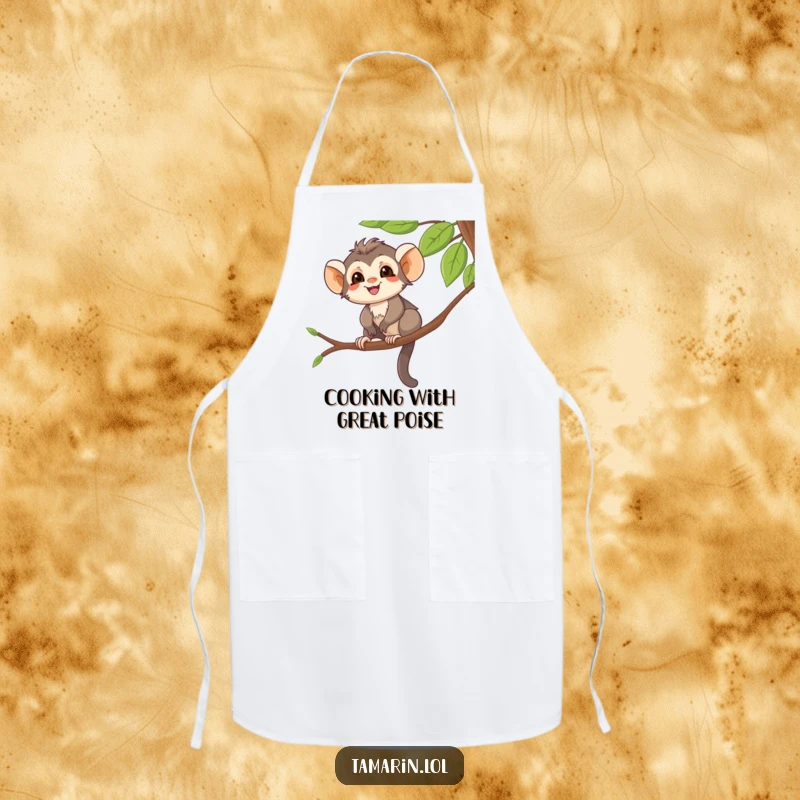 Funny Apron featuring a smiling tamarin character balancing on a tree branch, perfect for kitchen use with jungle humor.
