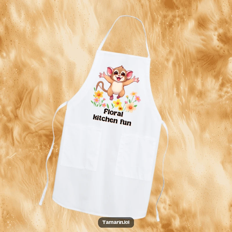 Funny apron illustrating a tamarin with arms wide open, leaping through colorful flowers, ideal for cooks who love humor.