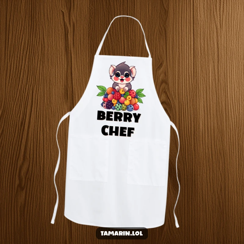 Funny Tamarin Apron showing a tamarin skillfully balancing a pile of colorful berries, ready for kitchen duty.