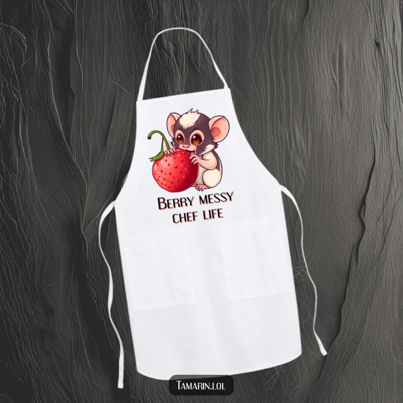 Funny tamarin apron: a cheerful monkey character enjoying a giant berry while wearing a chef's apron, ideal for kitchen humor.