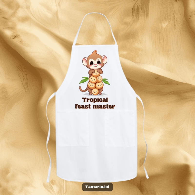 Funny Tamarin Coconut Balance Apron featuring a tamarin monkey balancing smiling coconuts, great for cooking.