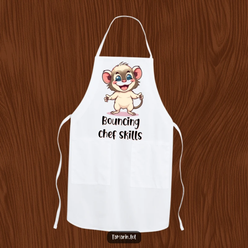Funny tamarin apron shows a small monkey doing a silly, bouncy dance with a wide, happy grin while cooking.