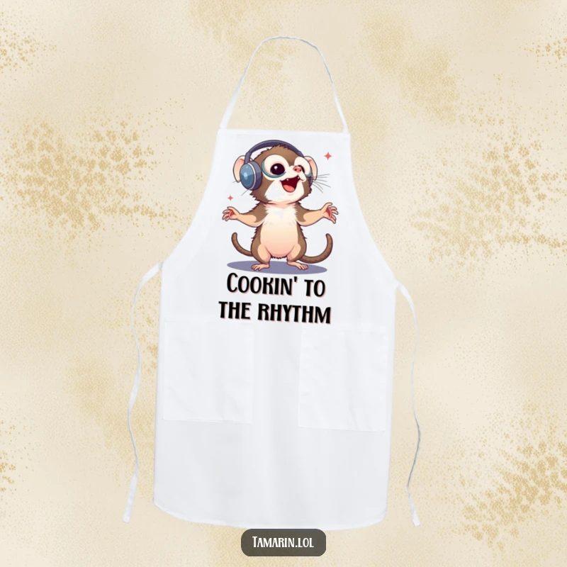 Funny tamarin apron: a chef's apron featuring a joyful monkey with headphones dancing, blending kitchen utility with musical humor.