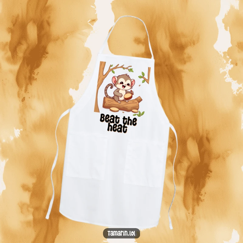 Funny tamarin drummer apron, a cheerful primate enthusiastically drumming while wearing an apron, ready for kitchen beats.