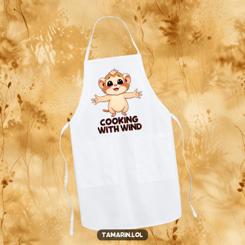 Funny Tamarin Apron featuring character embracing the gentle, smiling breeze with arms wide open, perfect for gardening.
