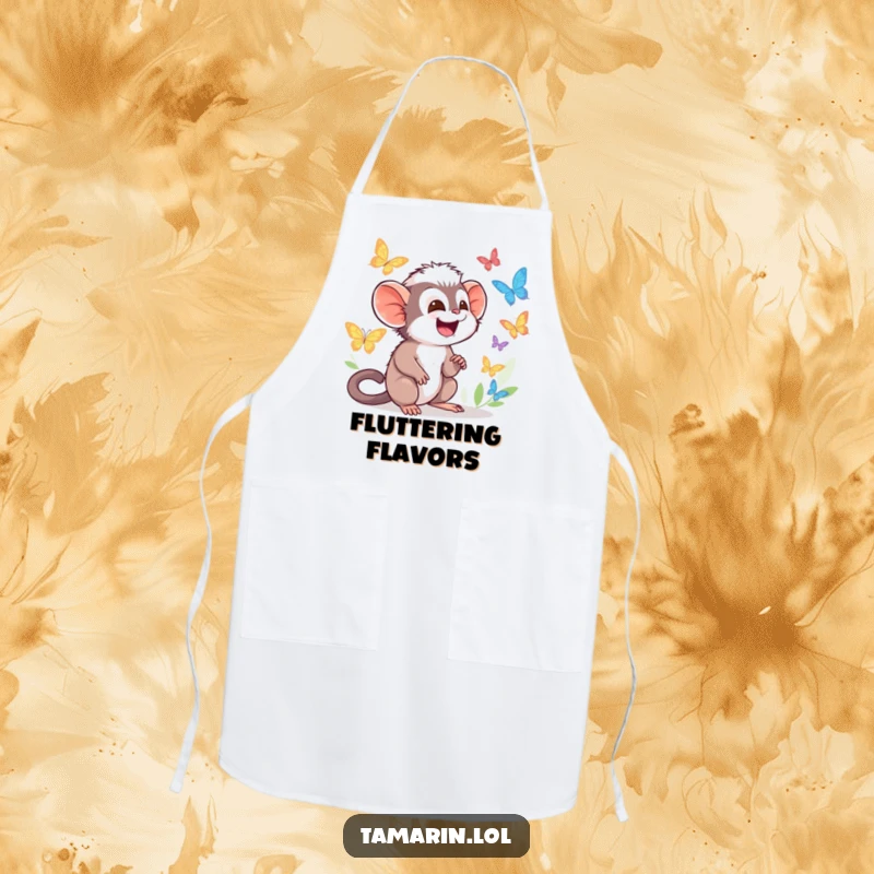 Funny Tamarin Apron featuring character giggling while watching colorful butterflies flutter by, ideal for gardening.
