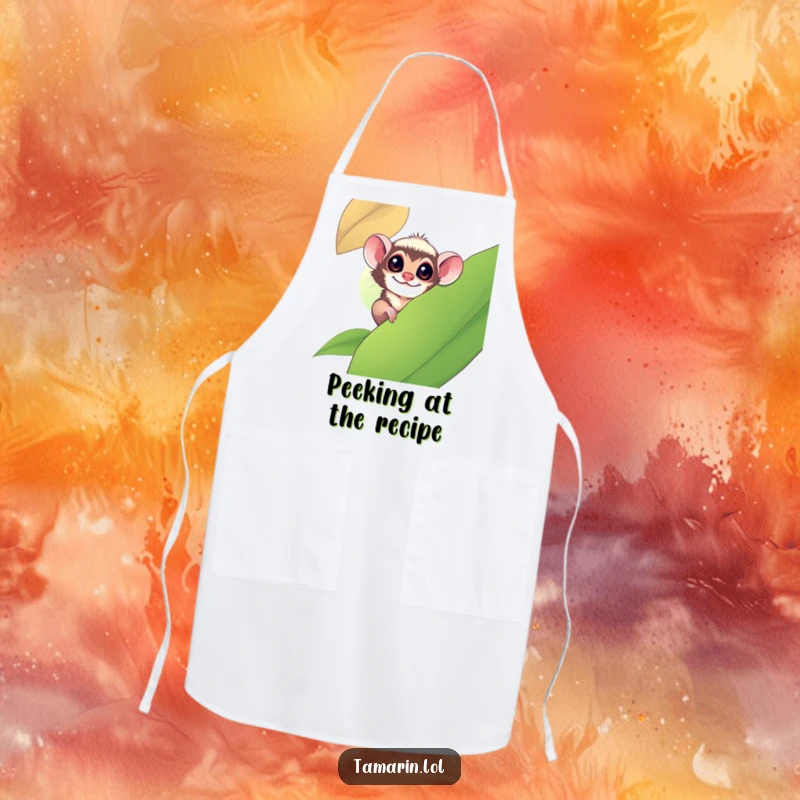 Funny tamarin monkey playfully peeking from behind a large leaf, featured on a practical and fun apron.