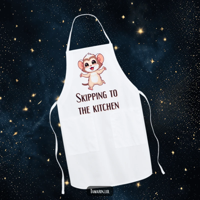 Funny tamarin apron featuring a happy tamarin character doing a joyful skip, perfect for culinary comfort and primate-themed humor.