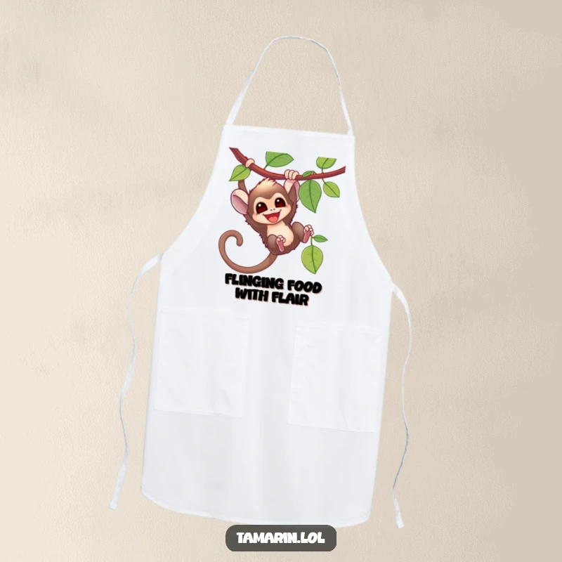 Funny tamarin monkey swinging enthusiastically from a vine, featured on a practical apron for kitchen adventures.
