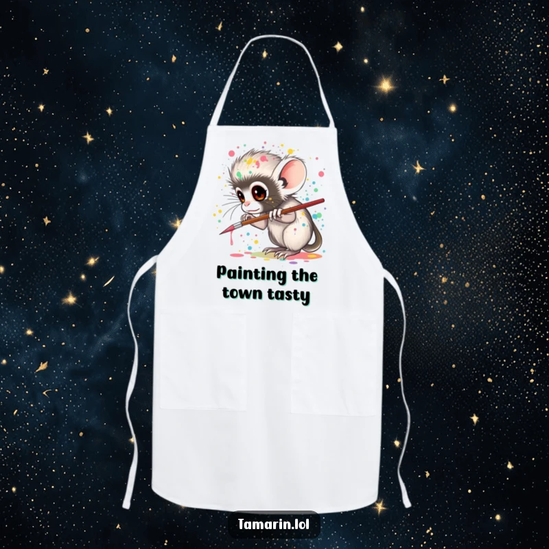 Funny tamarin apron, depicting a tamarin artistically splattering paint, perfect for protecting clothes during creative sessions with artistic flair.