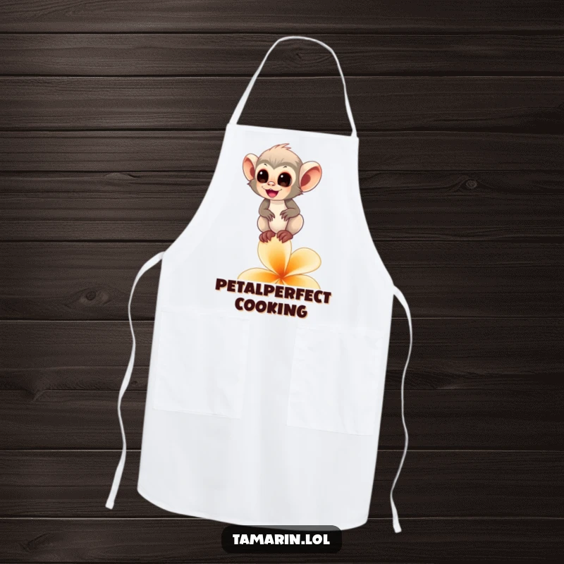 Funny tamarin monkey apron showing a happy primate balancing on a flower petal, perfect for kitchen tasks with humor.