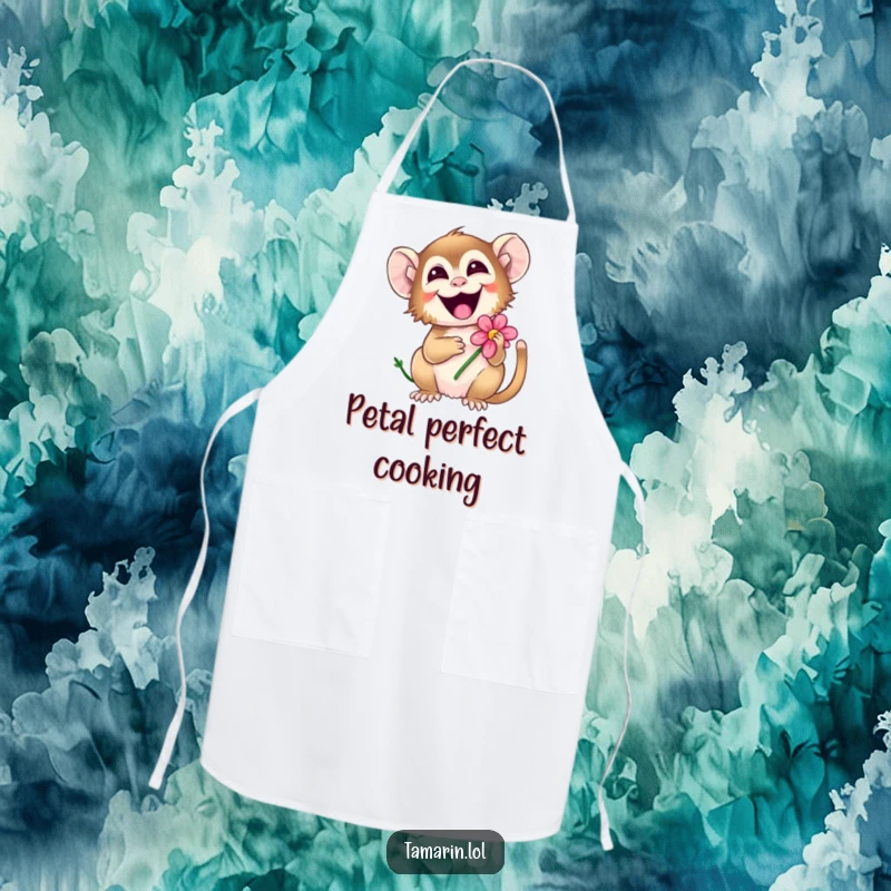 Funny tamarin apron depicting a joyful monkey giggling while holding a flower, adding a humorous touch to cooking.