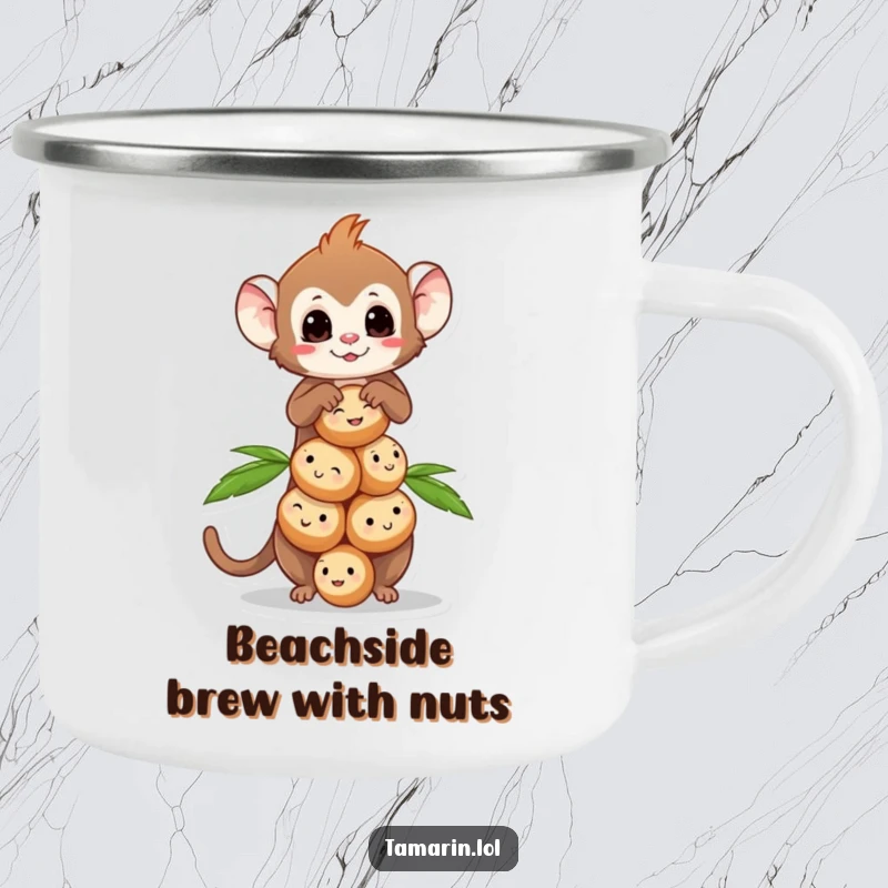 Funny Tamarin Coconut Balance Camping Mug featuring a tamarin monkey balancing smiling coconuts, for outdoor use.