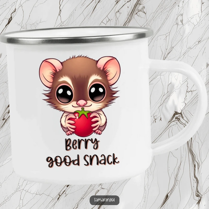 Funny camping mug with a wide-eyed tamarin looking at a juicy berry, durable and portable, ideal for jungle adventures, a funny gift.