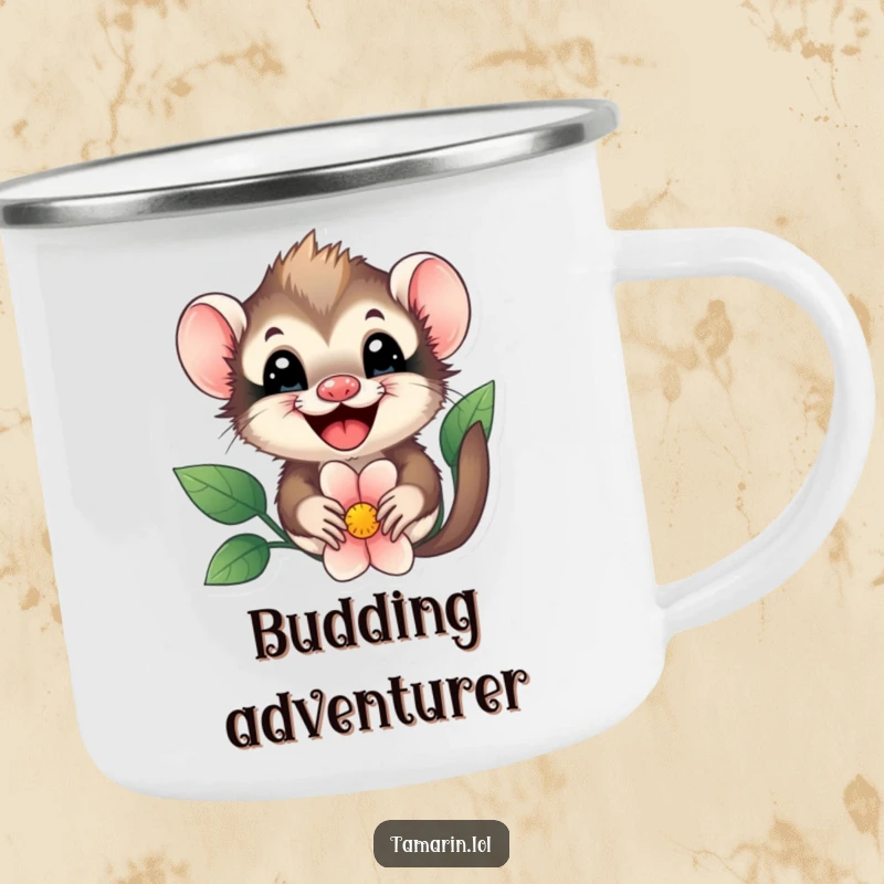 Funny tamarin flower peek camping mug, a cute tamarin joyfully peeking from behind a flower, perfect for outdoor enjoyment.