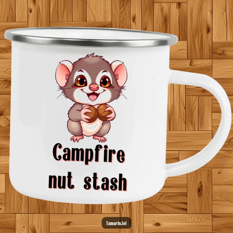 Funny Tamarin Camping Mug: Tamarin with a mischievous grin holding nuts, embodying cheerful outdoor moments and playful hoarding.
