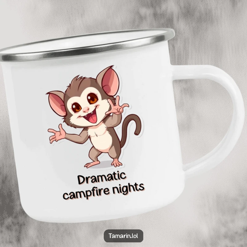 Funny camping mug illustrating a tamarin striking a dramatic pose with theatrical flair around a campfire.