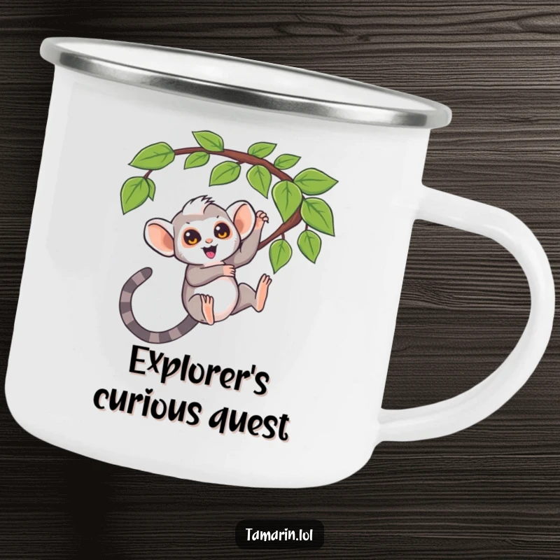 Funny camping mug, tamarin swinging from a question mark vine, curious monkey humor, durable and whimsical, funny gift.