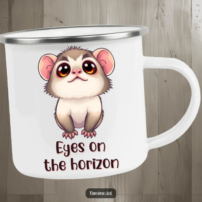 Funny tamarin camping mug with a curious monkey gazing outwards, perfect for enjoying drinks in the great outdoors.