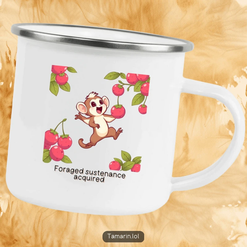 Funny camping mug showing a tamarin character leaping energetically to catch a glowing berry, perfect for outdoor adventures and adding humor to campfire stories.