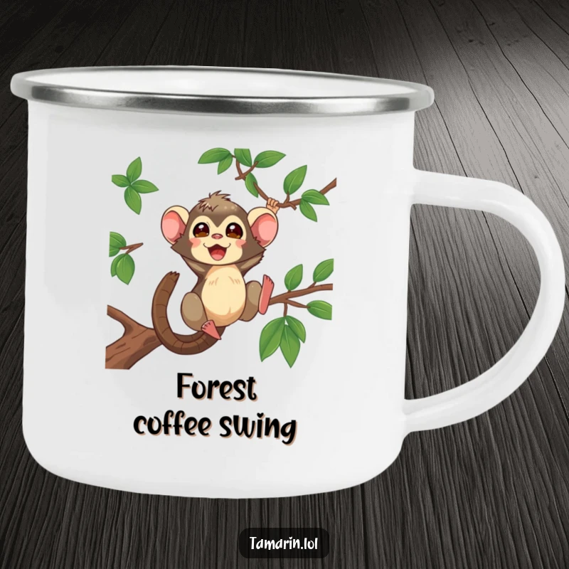 Funny Tamarin Camping Mug featuring an active tamarin swinging between branches, ready for any adventure.