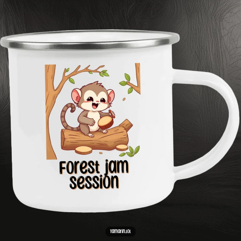 Funny tamarin drummer camping mug, a joyful tamarin drumming on logs, designed for outdoor adventures and musical enjoyment.