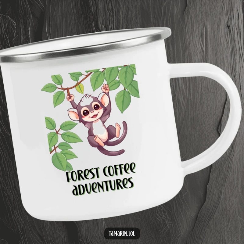 Funny Enamel Camping Mug featuring a cute tamarin character swinging from a vine, perfect for jungle-themed camping.