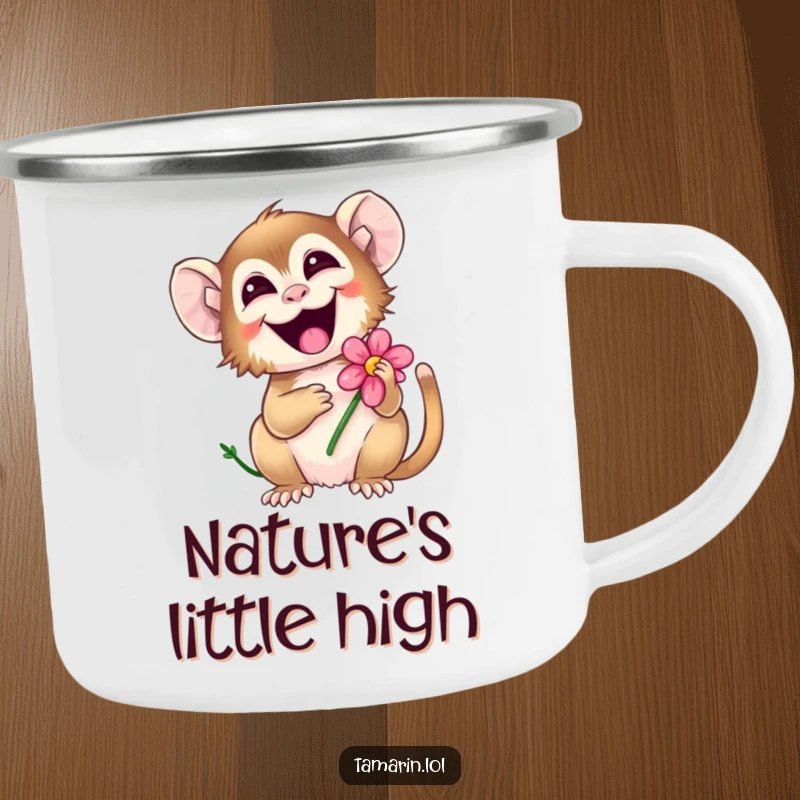 Funny tamarin camping mug showing a cheerful monkey giggling with a flower, perfect for enjoying drinks in nature.