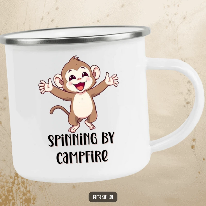 Funny camping mug depicting a joyful tamarin monkey with arms wide, spinning around, ideal for happy sips outdoors.