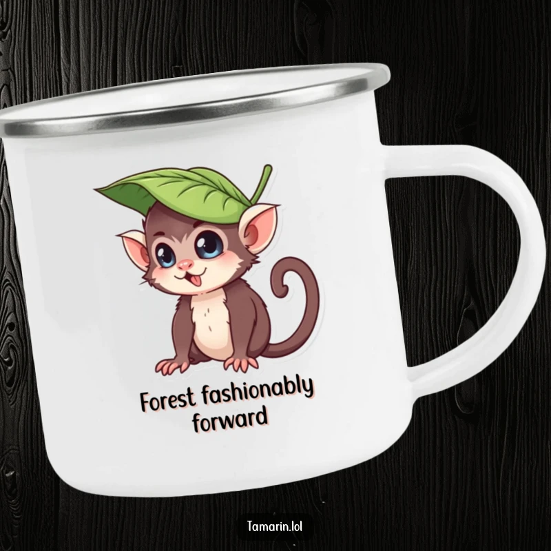 Funny camping mug showing a tamarin character wearing a leaf hat, looking playfully mischievous, ideal for outdoor adventures and adding humor to campfire stories.