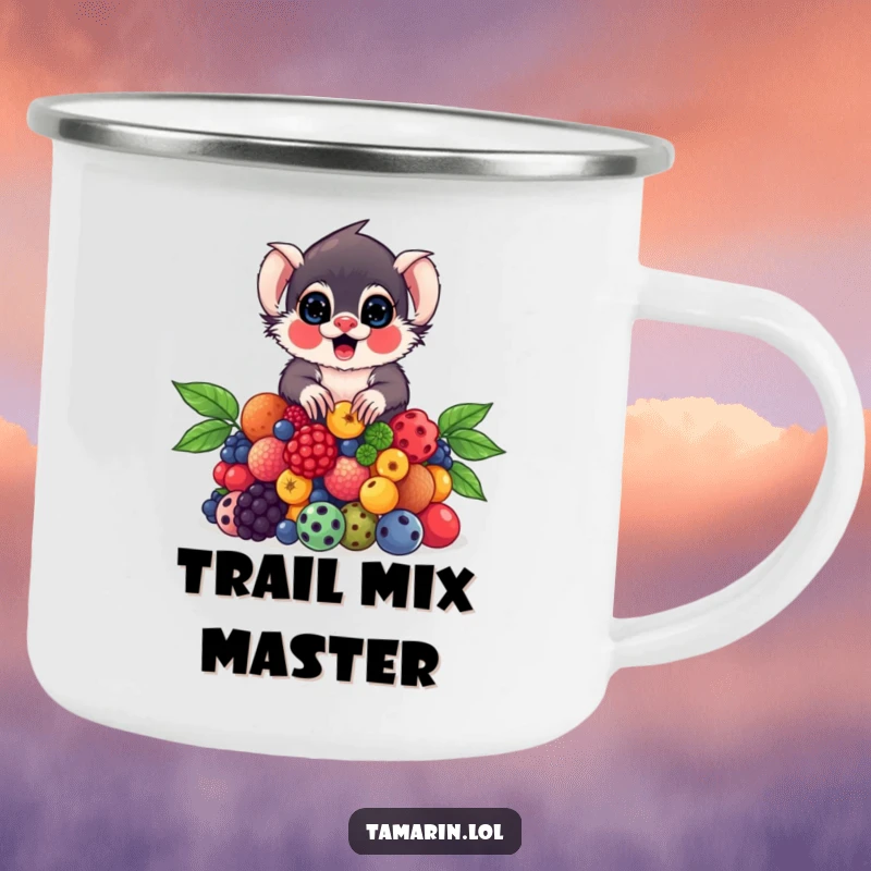 Funny Tamarin Camping Mug featuring a tamarin balancing a pile of berries, ready for outdoor enjoyment.