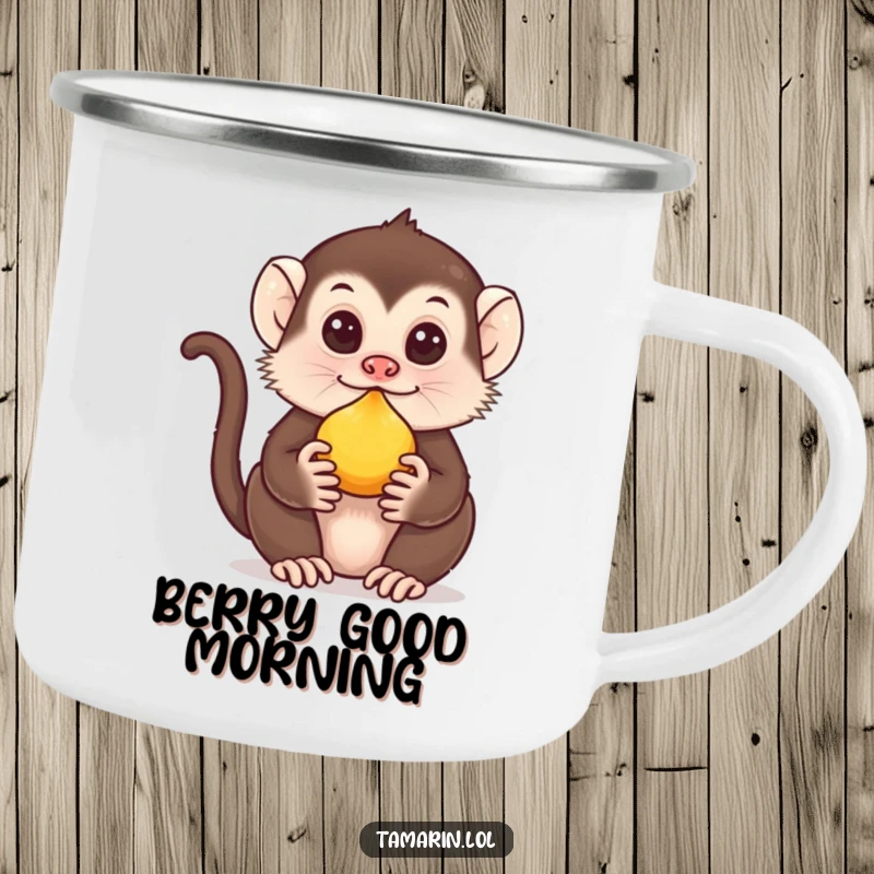 Funny Tamarin Camping Mug: Tamarin balances fruit on its nose, embodying cheerful outdoor moments and jungle fun.