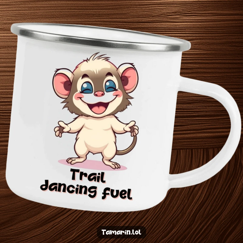 Funny tamarin camping mug shows a small monkey doing a silly dance with a massive, happy grin outdoors.