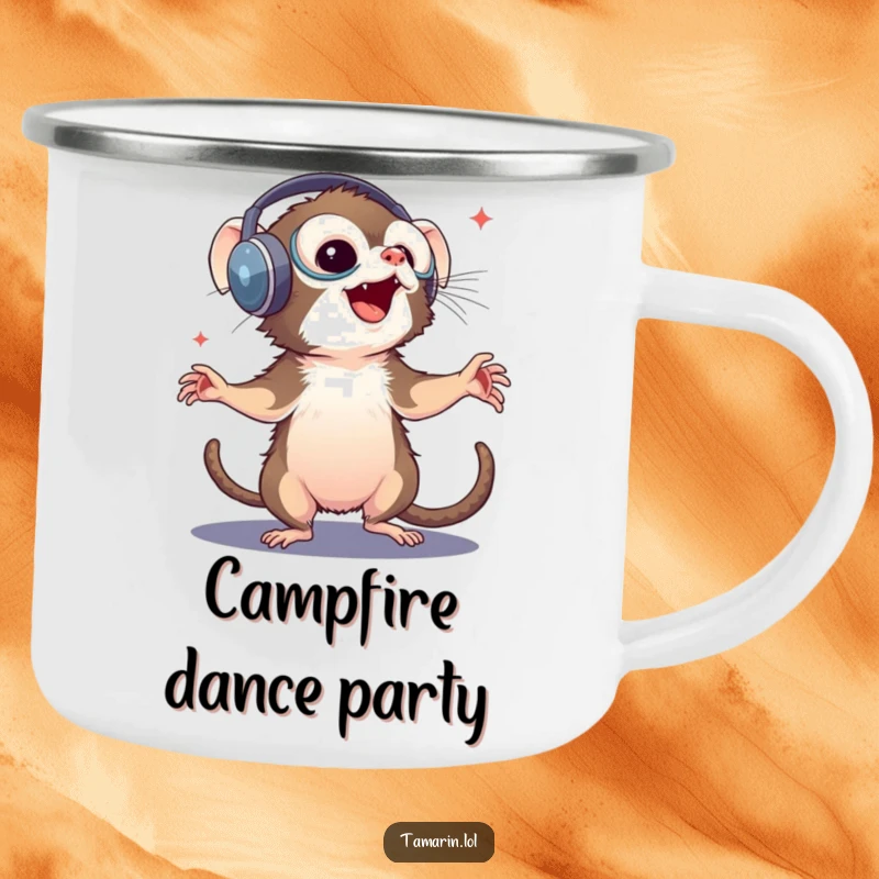 Funny tamarin camping mug: a rugged mug featuring a monkey with large headphones dancing joyfully, ideal for outdoor music enjoyment.