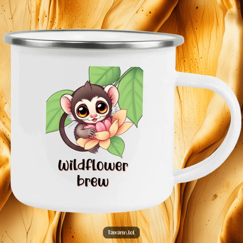 Funny Tamarin Camping Mug featuring a tamarin with wide, curious eyes exploring a large flower, ready for any adventure.