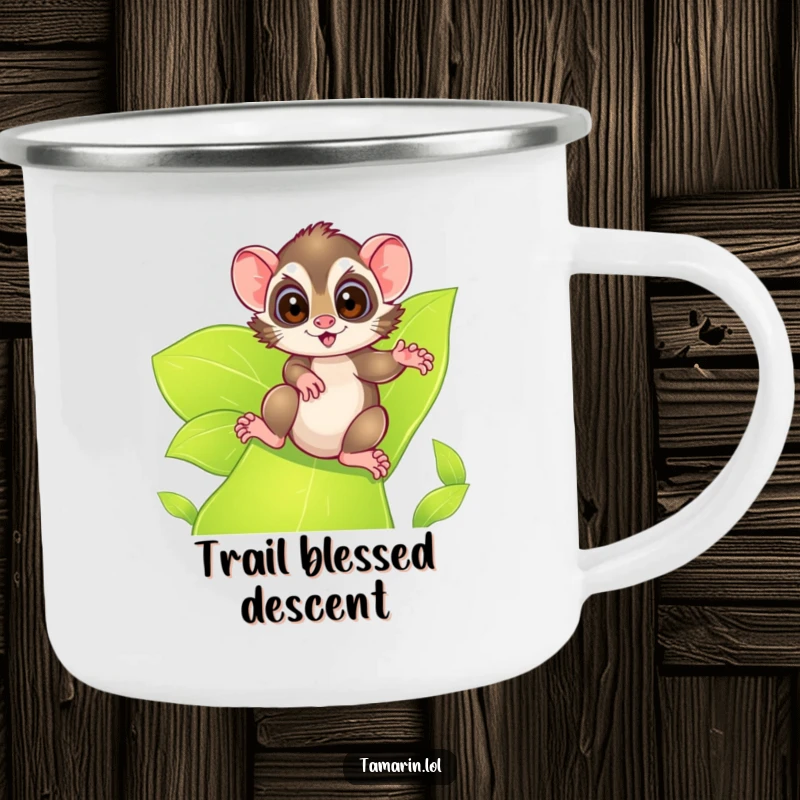 Funny tamarin camping mug, showcasing an excited tamarin sliding down a leafy green slide, perfect for outdoor drinks and thrilling moments.