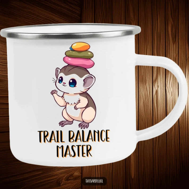 Funny tamarin camping mug: a rugged mug showing a calm monkey perfectly balancing a stack of colorful pebbles on its head, for outdoor focus.