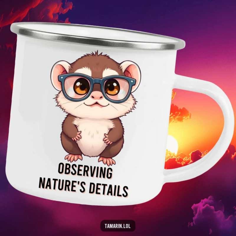 Funny tamarin monkey wearing oversized glasses, squinting outdoors, on a durable enamel camping mug, ready for adventure.
