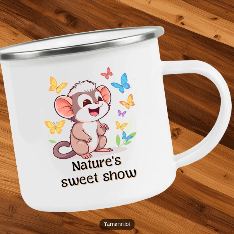 Funny Tamarin Camping Mug featuring character giggling while watching colorful butterflies flutter by, perfect for camping.