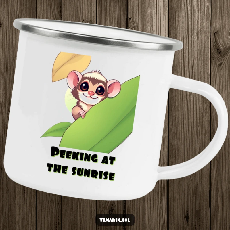 Funny tamarin monkey playfully peeking from behind a large leaf, printed on a durable camping mug.