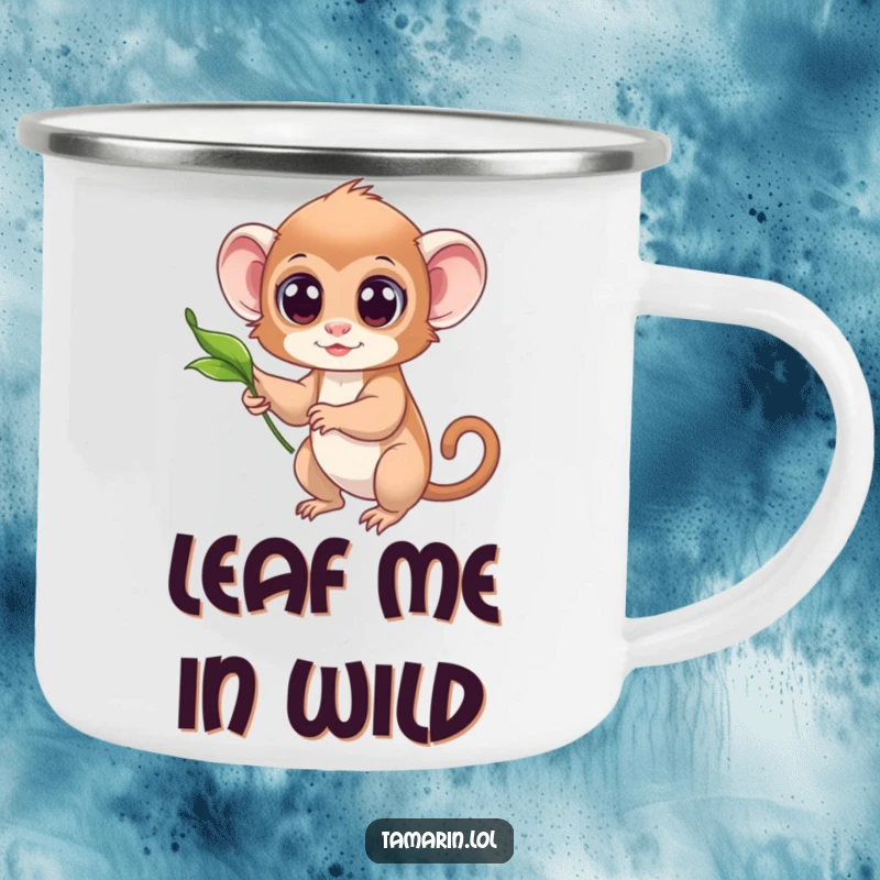 Funny camping mug illustrating a tamarin with wide eyes reaching for a floating leaf, evoking peaceful nature moments.